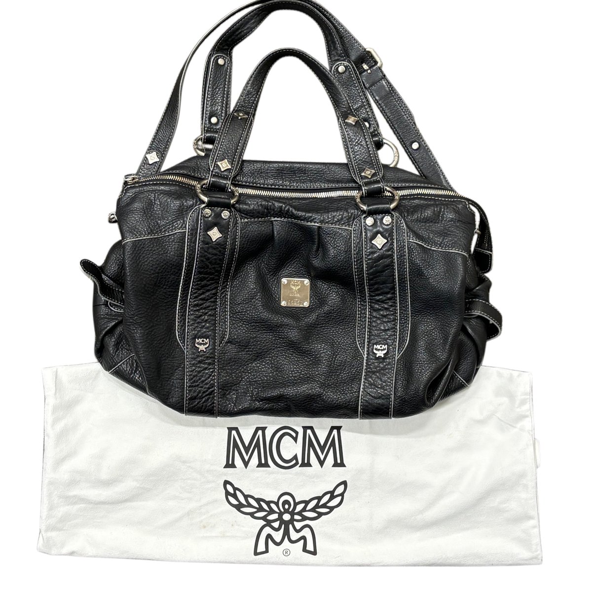 Mcm Black Leather Studded Satchel Handbag With Crossbody Strap